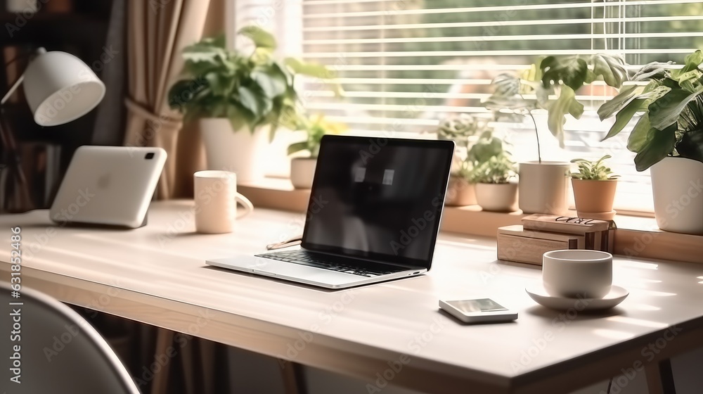 Laptop computer on table in minimal room with green garden view background. Laptop computer on table in minimal room with green garden view background.