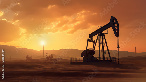 photograph of Silhouette of Crude oil pumpjack rig on desert silhouette in evening sunset, energy industrial machine for petroleum gas production. generative ai
