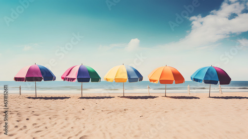 A row of colorful umbrellas lined up on a sandy beach © CreativeConjurer