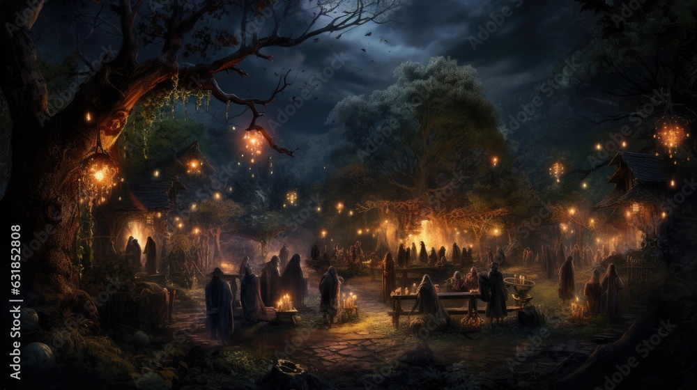A hidden grove alive with mystical energy as witches come together for a secret Halloween gathering