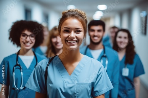 Portrait of a young nursing student standing with her team at hospital corridor.