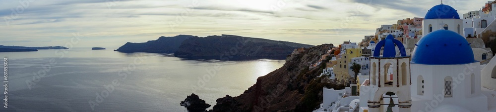 Panoramic shot of the volcanic crater and Santorini, Greece. Panoramic shot of the volcanic crater and Santorini, Greece.