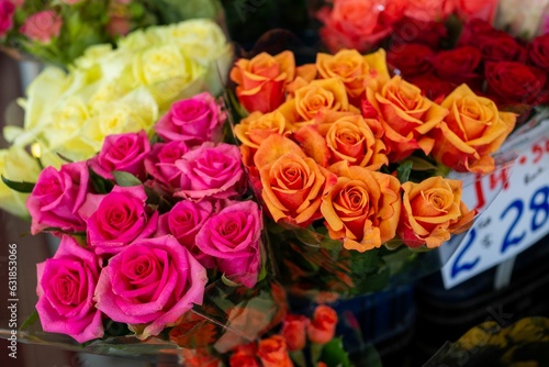 Assortment of vibrant roses displayed for purchase in a market in Auckland  New Zealand.