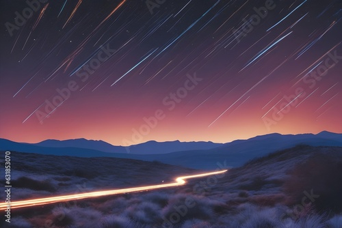 sunset over the mountains.Cosmic ballet of stars, planets, galaxies—a harmonious dance in space's vastness. Captivating celestial harmony.