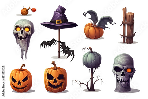 Cartoon set of isolated halloween elements on a white background a witch on a broomstick, bones, a pumpkin, a vampire, a ghost, a cauldron with a potion, a zombie.