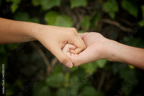 two hands holding each other with bottom of green wall with plants © Etrafoto/Wirestock Creators