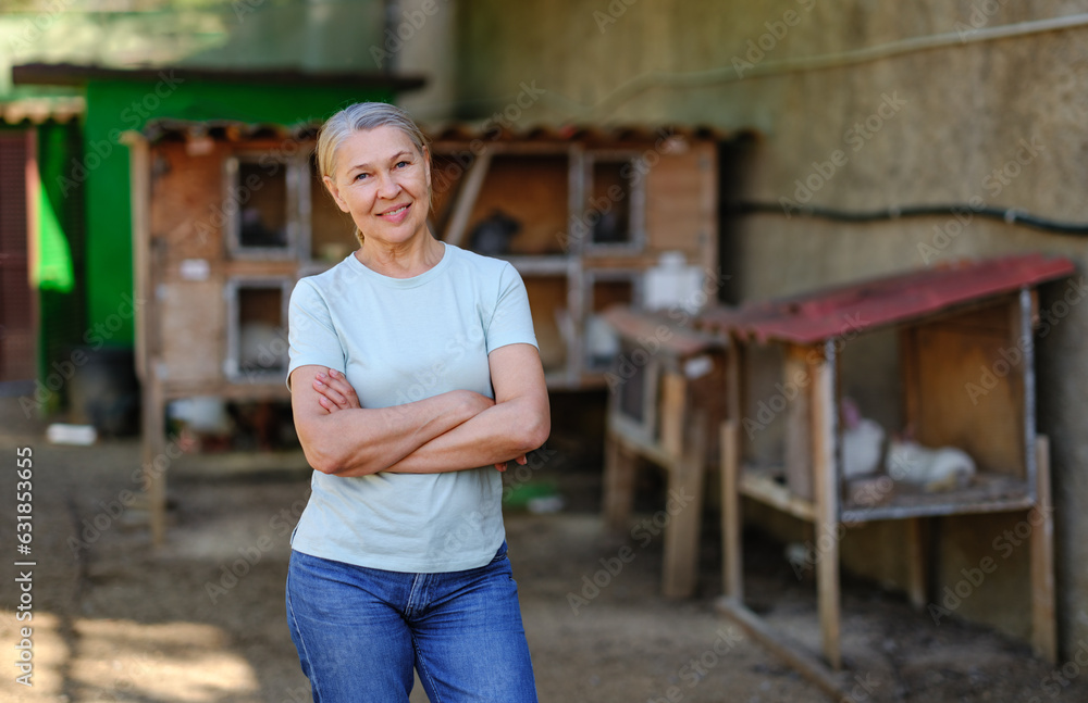 Adult woman farmer with white rabbits in her farm. The farmer takes care of the animals Adult woman farmer with white rabbits in her farm. The farmer takes care of the animals