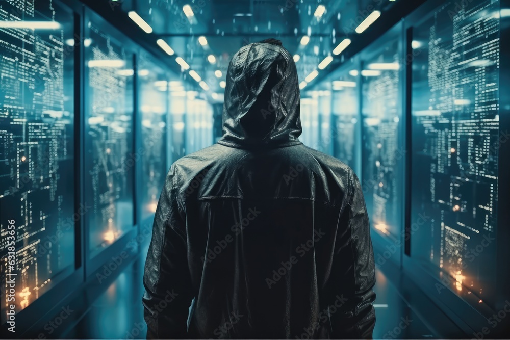 Hacker standing among illuminated servers, Social problems. Hacker standing among illuminated servers, Social problems.