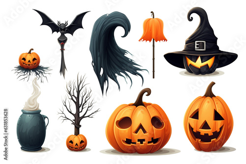 Cartoon set of isolated halloween elements on a white background a witch on a broomstick, bones, a pumpkin, a vampire, a ghost, a cauldron with a potion, a zombie. © Pichsakul
