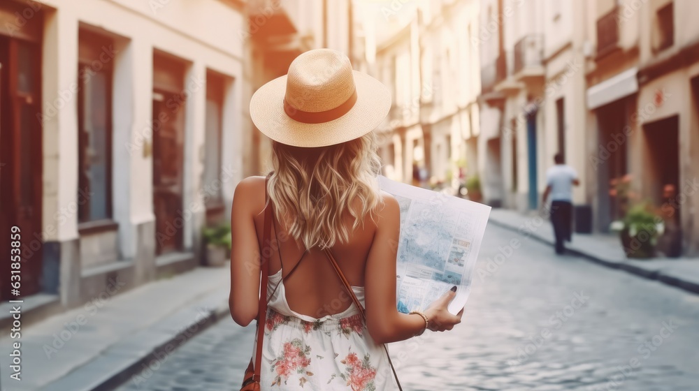 Back view of Tourist woman with hat at vacation on the street, Travel concept.