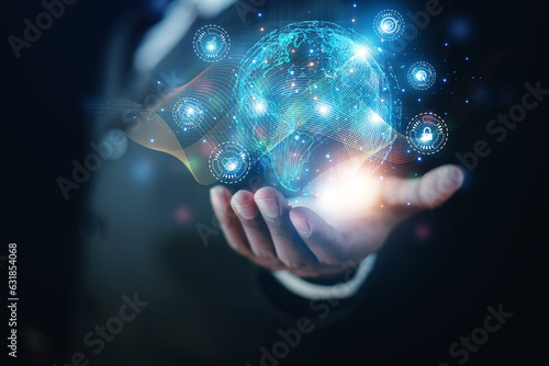 Businessman presenting futuristic business world metaverse graphic. In the form of innovation in digital business processing technology  innovation