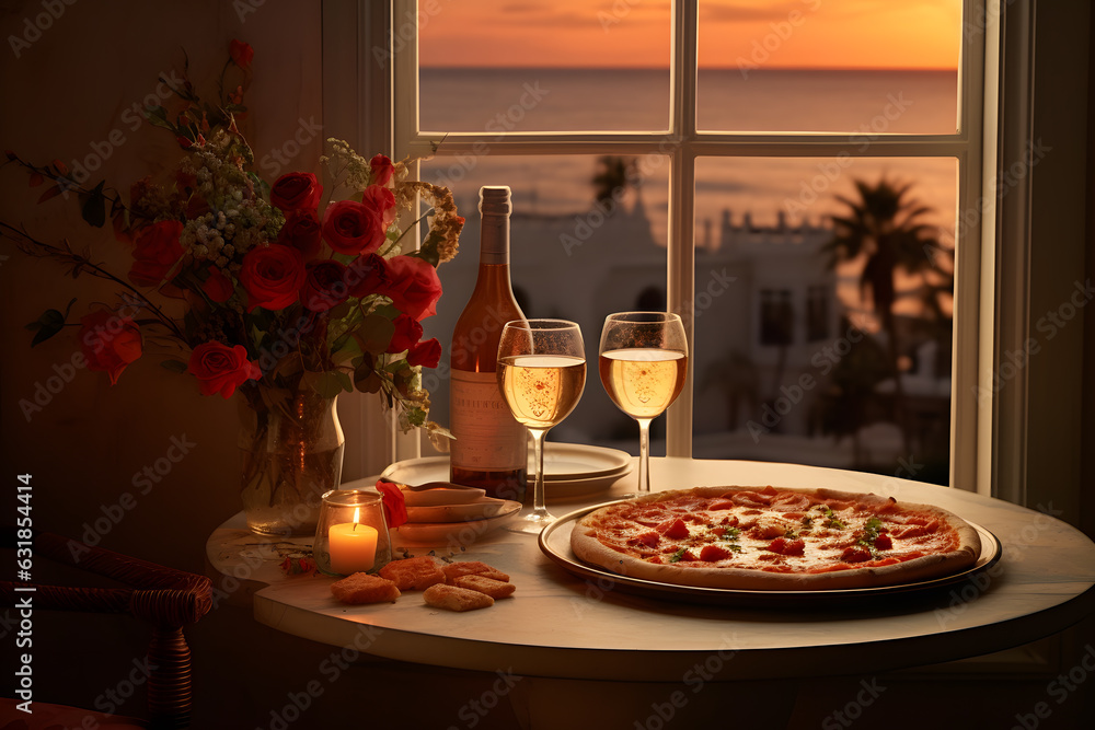 Fototapeta premium Pizza with tomatoes and bazil romantic landscape