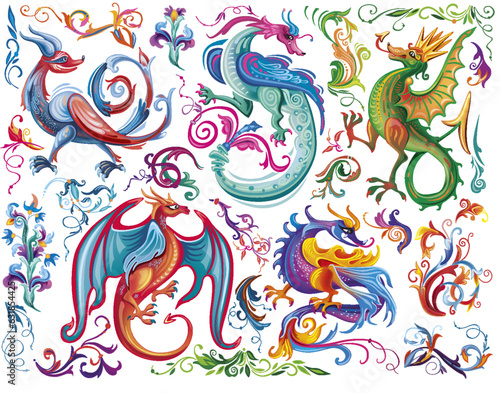 Set of medieval mythical creatures, Illuminati manuscript inspiration