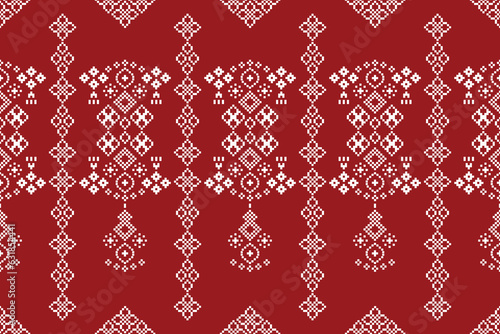 Ethnic geometric fabric pattern Cross Stitch.Ikat embroidery Ethnic oriental Pixel pattern red background. Abstract,vector,illustration. Texture,clothing,frame,decoration,motifs,silk wallpaper.