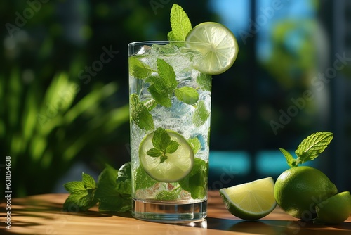 Gin tonic alcoholic cocktail with ice and mint. Cocktail drinks served at resort, pool or bar. photo