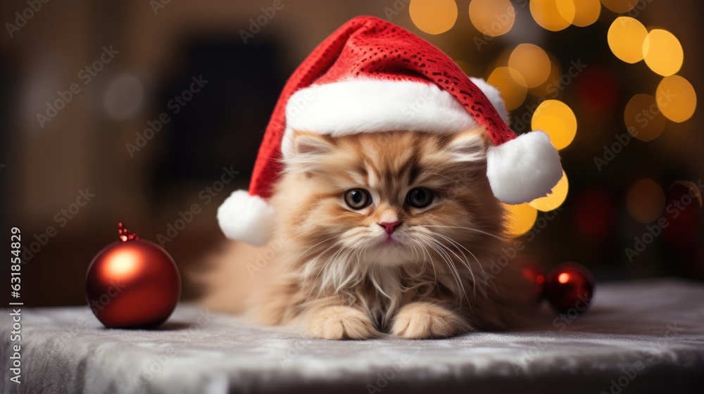 Little cute kitten in red santa hat and christmas background Little cute kitten in red santa hat and christmas background