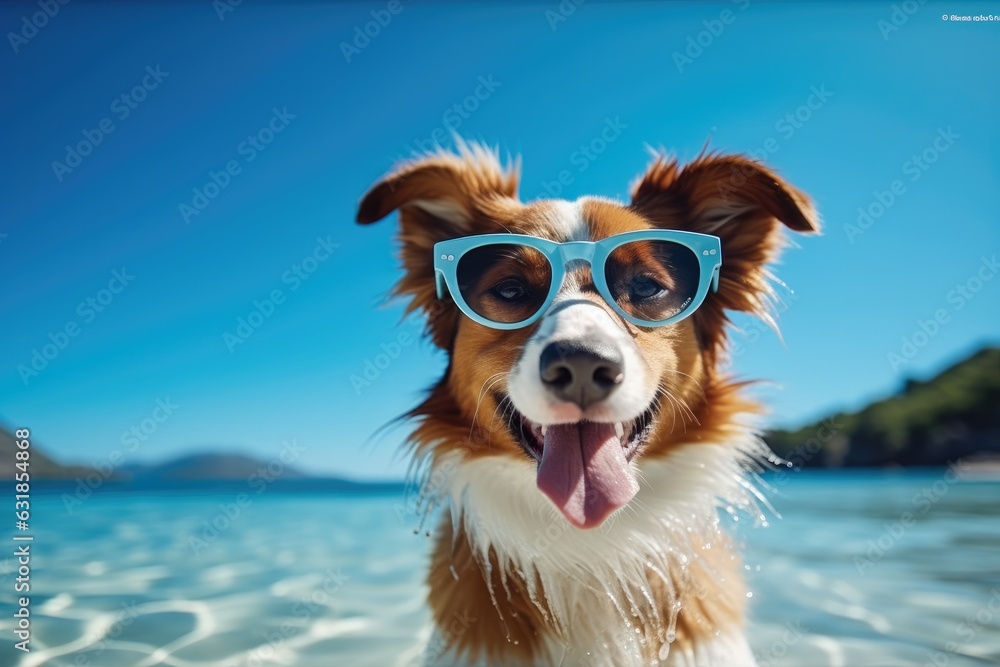 Smiling dog wearing sunglasses on the beach, Summer travel concept.