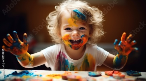 Happy child with hands painted in colourful paints  Creativity and art.