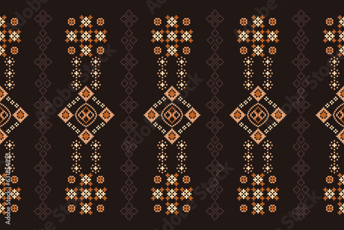Ethnic geometric fabric pattern Cross Stitch.Ikat embroidery Ethnic oriental Pixel pattern brown background. Abstract,vector,illustration. Texture,clothing,frame,decoration,motifs,silk wallpaper.
