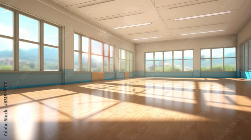 Empty Large Room with wooden floor and many Large Windows with blurry landscape view and a Morning Light - AI generated