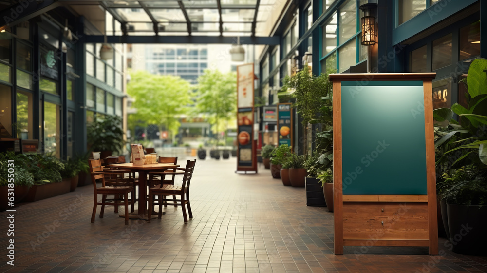 Green board with wood frame on the Right of a Shopping mall interior street with empty table and glass roof with morning light without people - AI generated - obrazy, fototapety, plakaty 