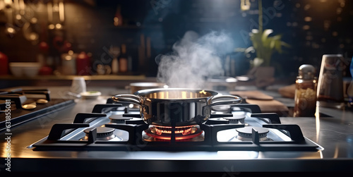 Boiling water in the pot on the stove in a modern kitchen, Water Boiling on a Gas Stove, Stainless pot.