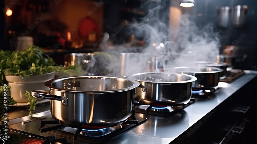 Boiling water in the pot on the stove in a modern kitchen, Water Boiling on a Gas Stove, Stainless pot. Boiling water in the pot on the stove in a modern kitchen, Water Boiling on a Gas Stove, Stainless pot.