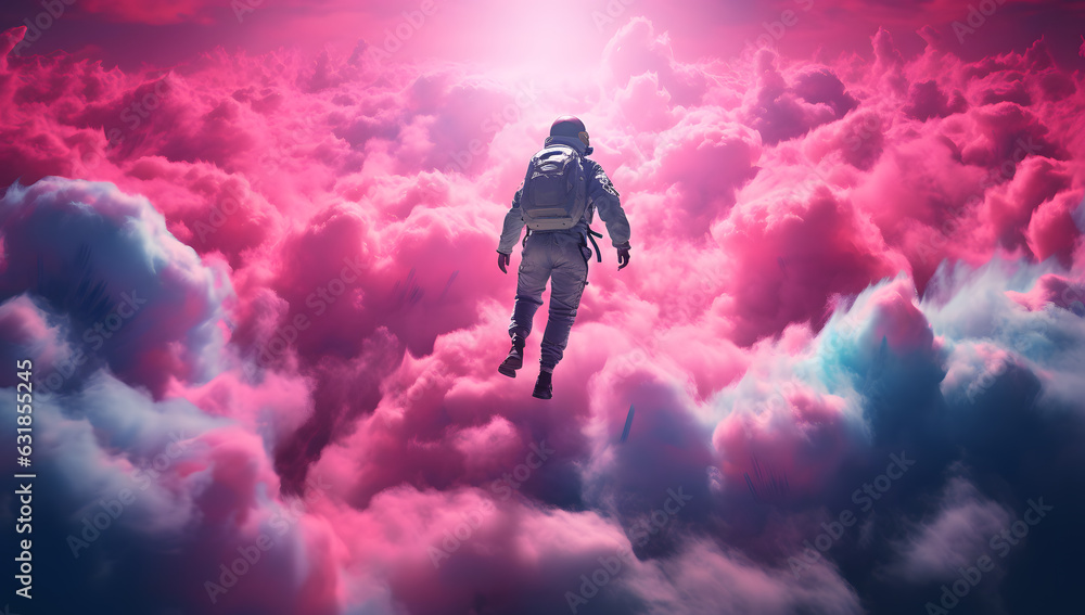 Astronaut wearing helmet and flying over pink clouds, in style of neon color palette Astronaut wearing helmet and flying over pink clouds, in style of neon color palette