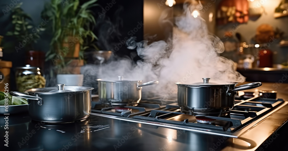 Boiling water in a cooking pot an pan on a induction stove in the modern kitchen. Boiling water in a cooking pot an pan on a induction stove in the modern kitchen.