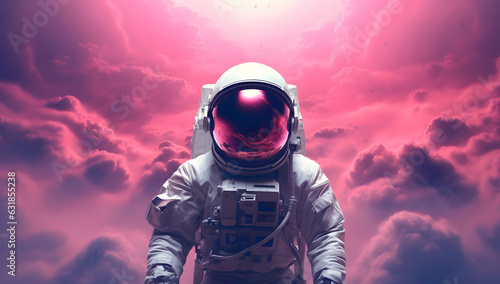 Astronaut wearing helmet and flying over pink clouds, in style of neon color palette