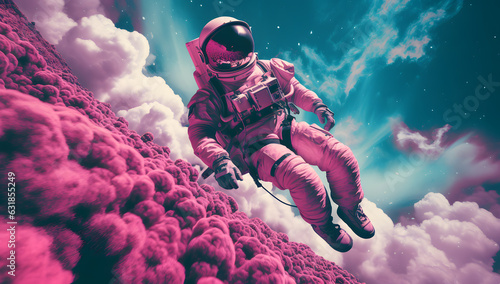Astronaut wearing helmet and flying over pink clouds  in style of neon color palette