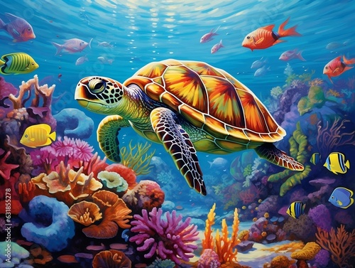 Wall art depicting a breathtaking underwater world teeming with majestic sea turtles and marine life generative ai