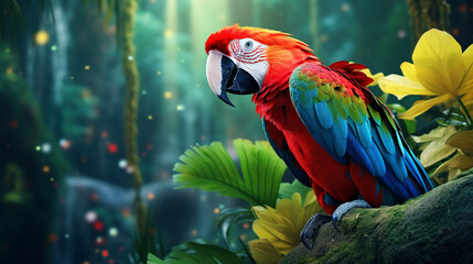 Colorful portrait of Amazon red macaw parrot against jungle. Side view of wild ara parrot head on green background. Wildlife and rainforest exotic tropical birds as popular pet breeds