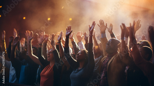 Hands raised in prayer during a special moment of worship, Church Conference, banner 