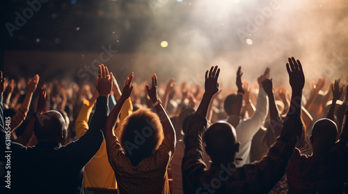 Hands raised in prayer during a special moment of worship, Church Conference, banner