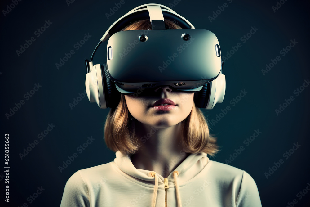 Closeup portrait of young woman wearing a VR device, Studio light shot.