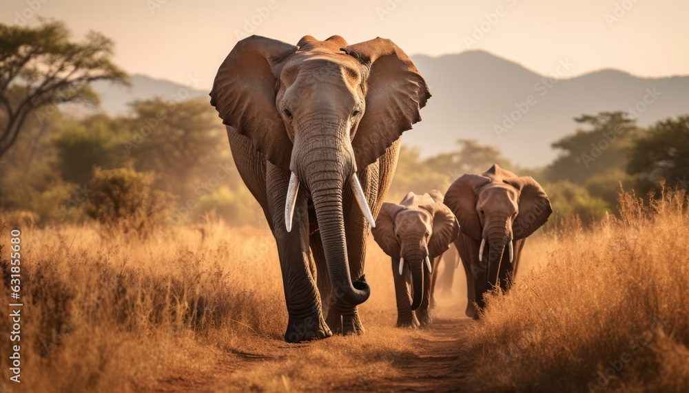 Photo of a majestic herd of elephants walking along a dusty road in the wilderness