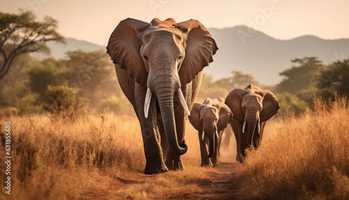 Photo of a majestic herd of elephants walking along a dusty road in the wilderness © Anna
