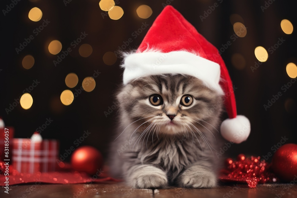 Little cute kitten in red santa hat and christmas background Little cute kitten in red santa hat and christmas background