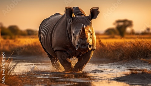 Photo of a rhinoceros running through water