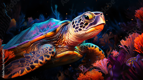 AI generative sea turtle under the sea design neon glowing and modern color tone and coral