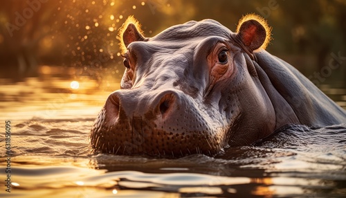 Photo of a majestic hippopotamus gracefully swimming in the golden hues of a sunset