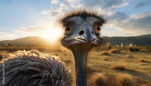 Photo of an ostrich, closeup, behind sun