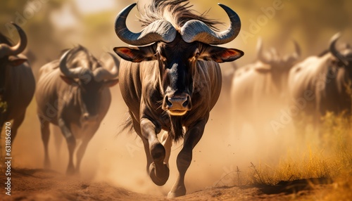 Photo of a majestic wildebeest in a picturesque mountainous landscape