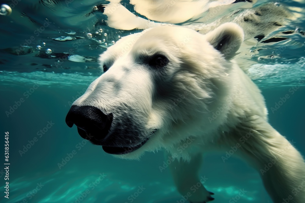Polar bear are swimming underwater in ocean.