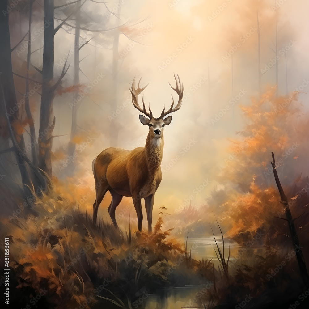 Obraz premium Deer in mist forest in sunrise, style of digital illustration