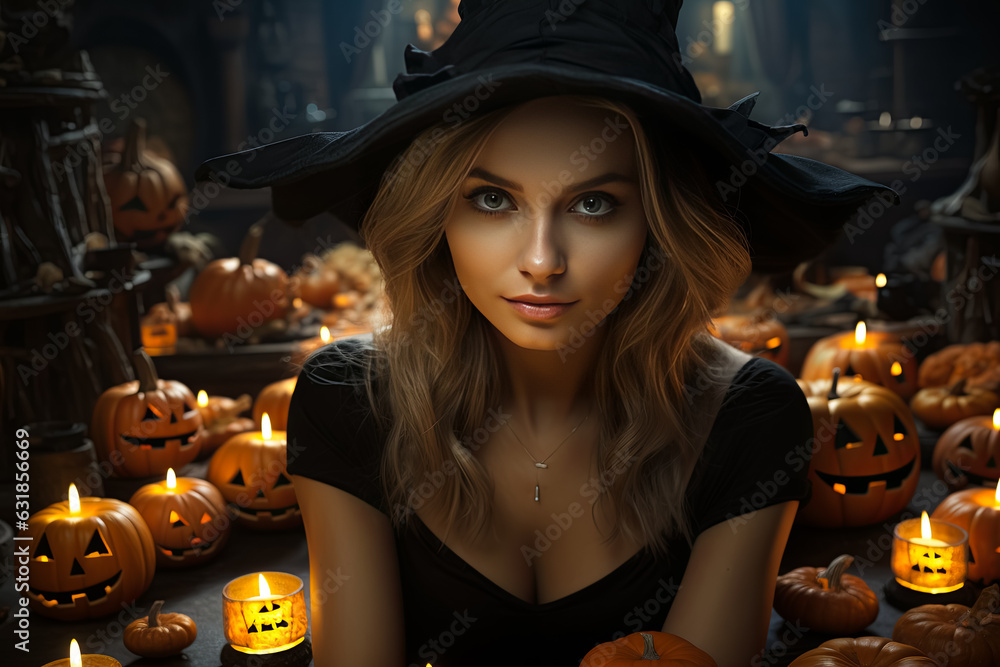 illustration of beautiful witch surrounded of Halloween Jack-o'-lanterns (carved pumpkins). illustration of beautiful witch surrounded of Halloween Jack-o'-lanterns (carved pumpkins).