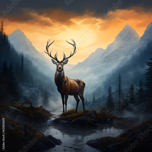 Deer in mist forest in sunrise, style of digital illustration © Oksana
