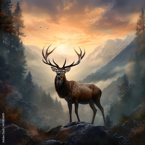 Deer in mist forest in sunrise  style of digital illustration