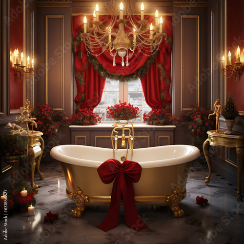 Large luxury beautiful large bathroom with soaking tub decorated for Christmas.